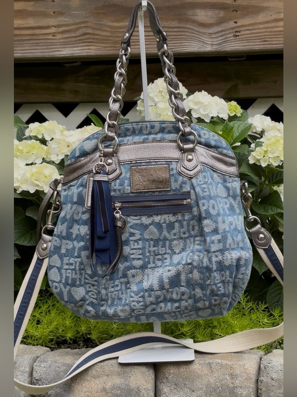 Coach Poppy Wordblock Denim Chain Shoulder Crossbody Tote Bag